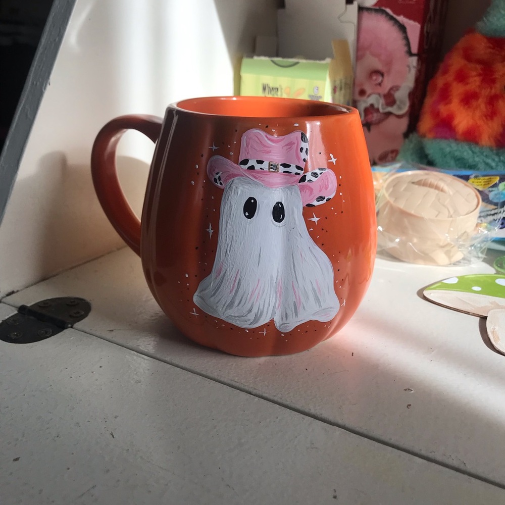 Hand-Painted Orange Ghost Mug with Pink Hat - Home Art